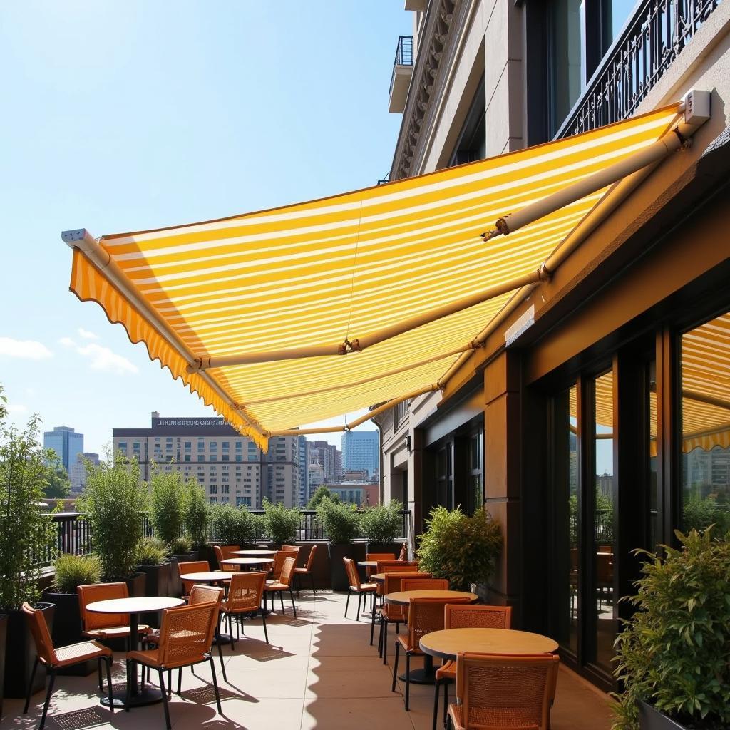 Thi công bạt kéo lượn sóng cho quán cafe sân thượng, màu sắc tươi sáng