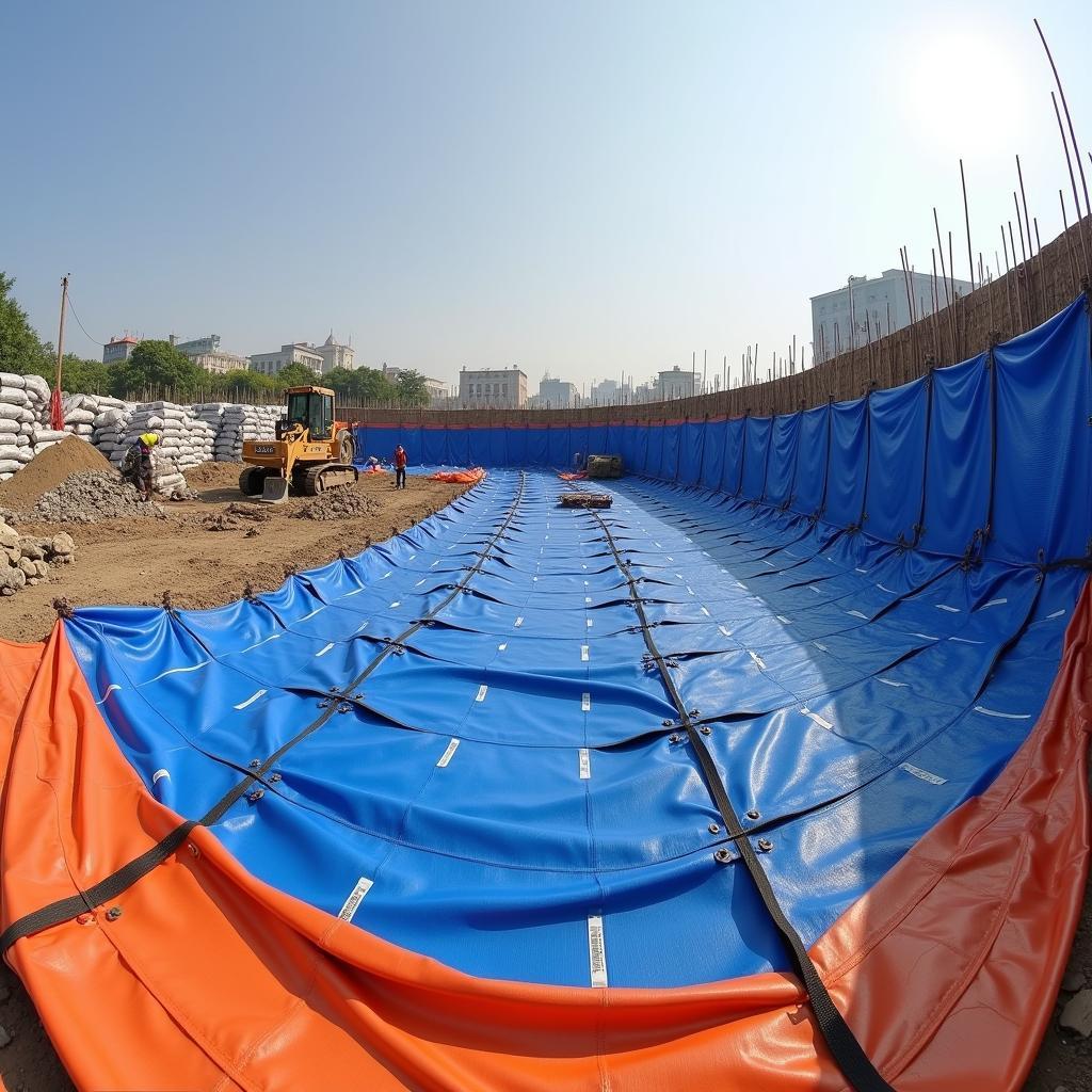 Hình ảnh bạt xanh cam khổ 8m che chắn vật liệu tại công trường xây dựng, bảo vệ khỏi mưa nắng