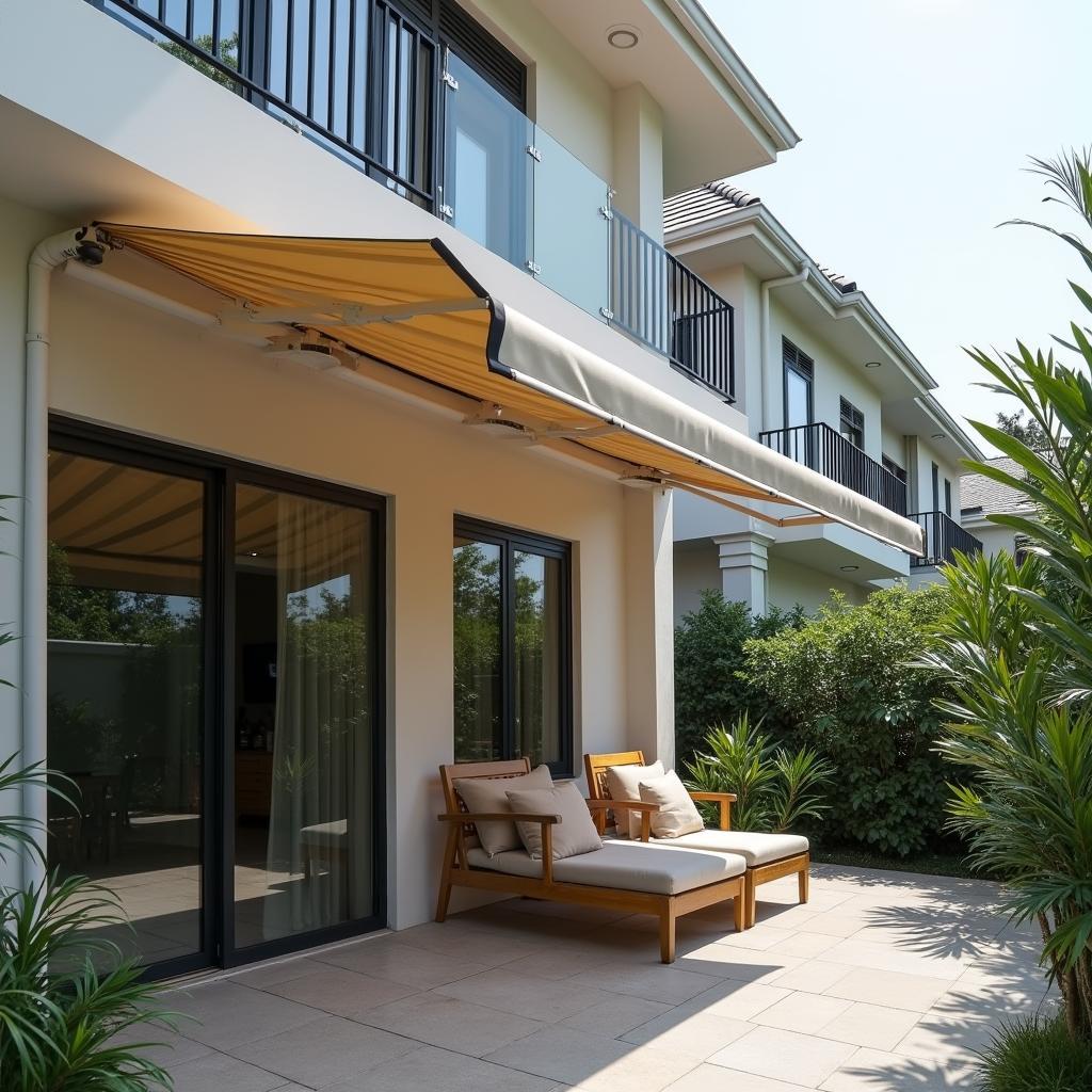 Hình ảnh công trình mái hiên di động đẹp đã hoàn thiện bởi Mái Che Việt Đức, chất lượng cao, thẩm mỹ