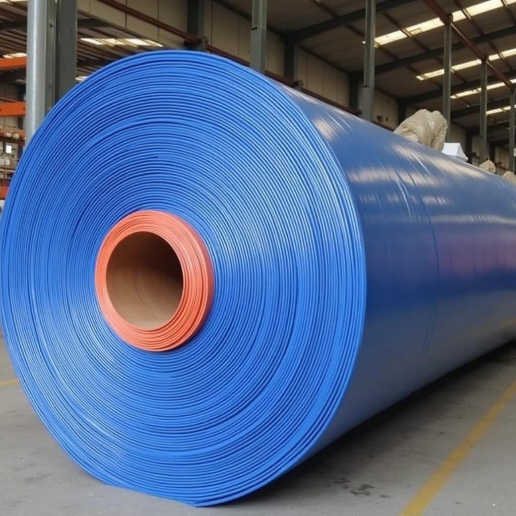 Hình ảnh cuộn bạt xanh cam khổ 8m được đóng gói cẩn thận, thể hiện kích thước lớn và sẵn sàng vận chuyển