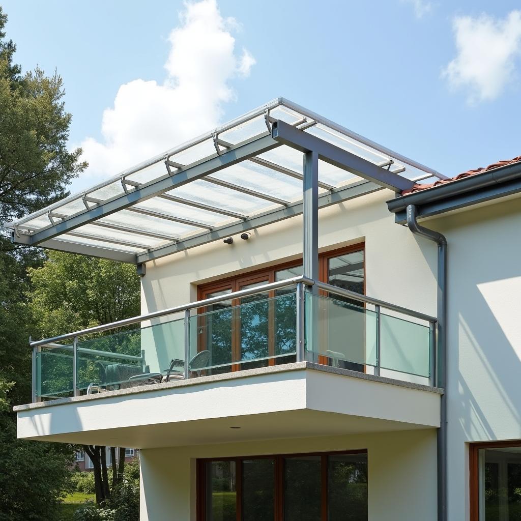 Mẫu mái che trong suốt nhỏ gọn bằng tấm polycarbonate cho ban công hoặc lối đi, chống mưa hiệu quả, lấy sáng