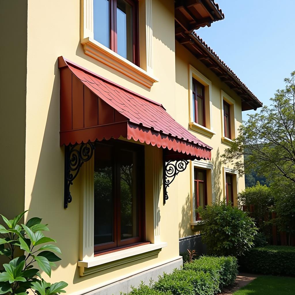 Mẫu mái che cửa sổ bằng tôn giả ngói đẹp cho biệt thự, màu đỏ tươi, khung sắt uốn mỹ thuật