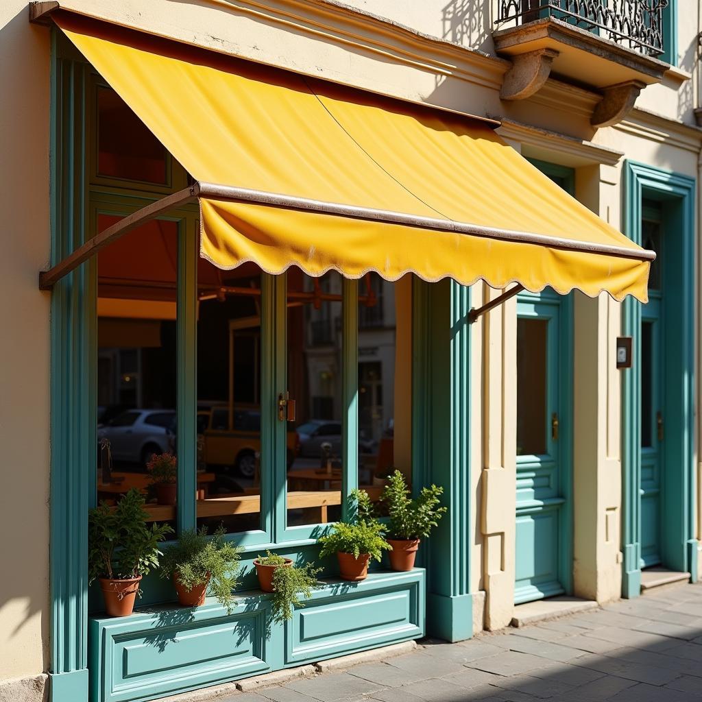 Mẫu mái che cửa sổ bằng tôn đẹp cho quán cafe phong cách vintage, màu sắc nổi bật, khung sắt trang trí