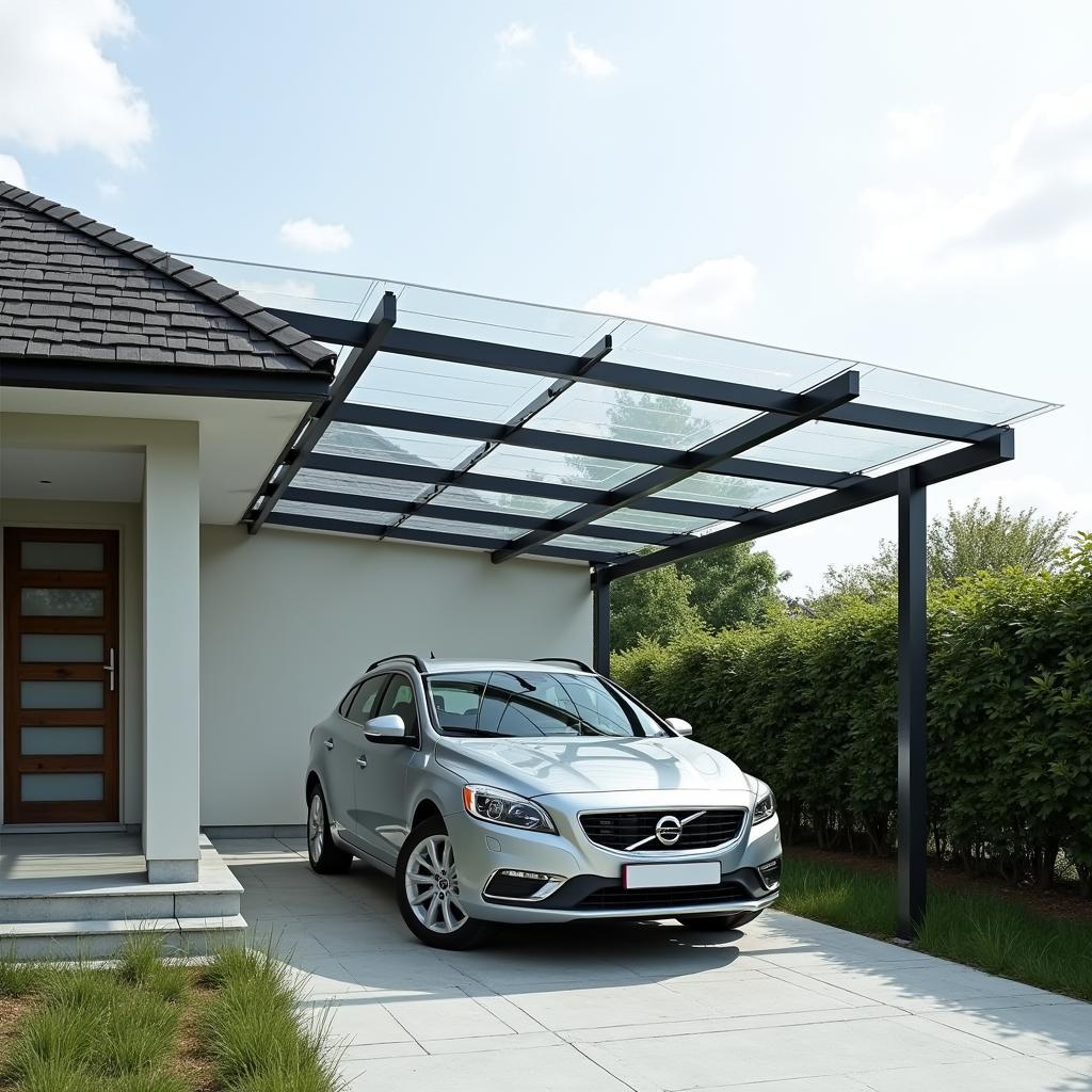 Mẫu mái che nhà xe đẹp hiện đại bằng tấm nhựa polycarbonate trong suốt, khung thép sơn tĩnh điện