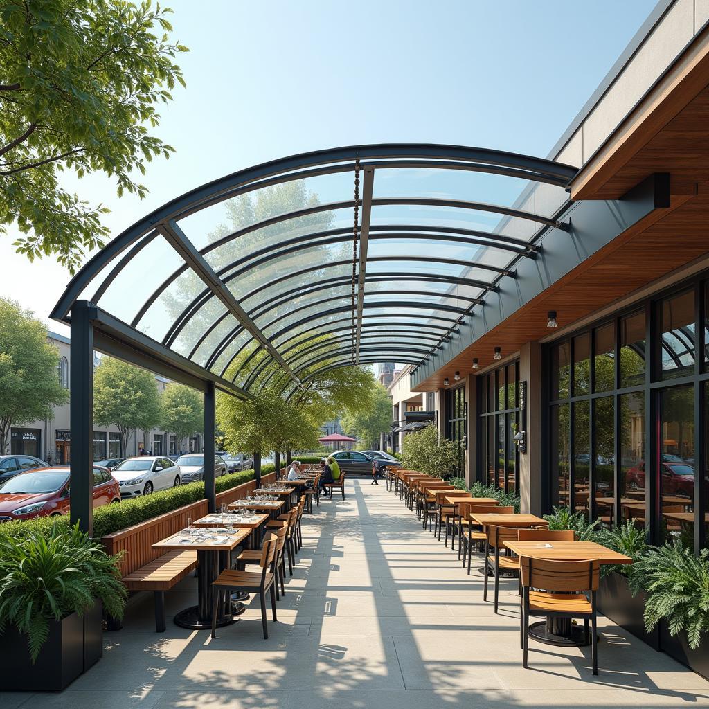 Thiết kế mái che trong suốt bằng tấm nhựa polycarbonate rỗng cong cho khu vực ngồi ngoài trời quán cafe, thông thoáng, độc đáo