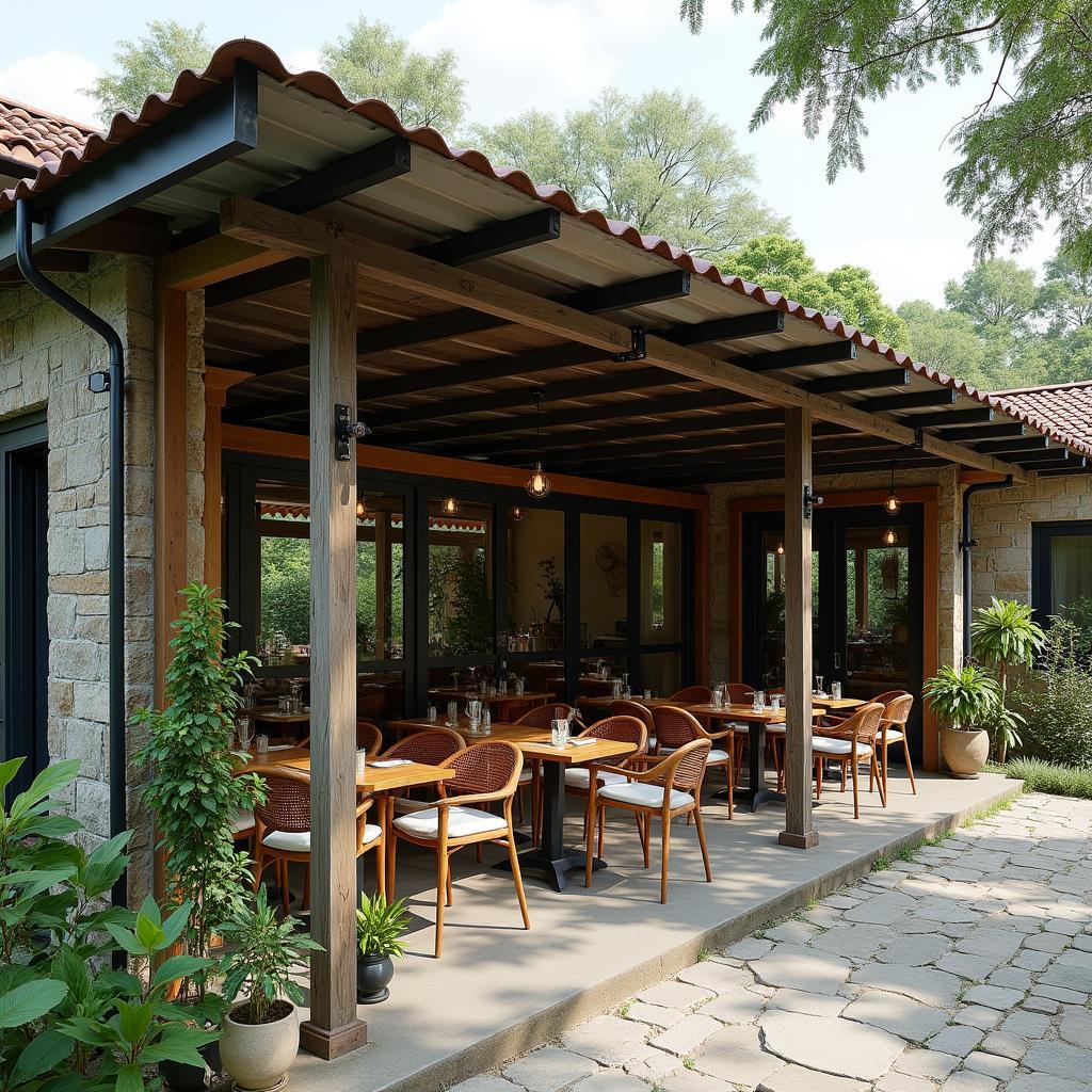 Mau mai che quan cafe san vuon bang ton gia ngoi tren khung sat gia go, phong cach dong que