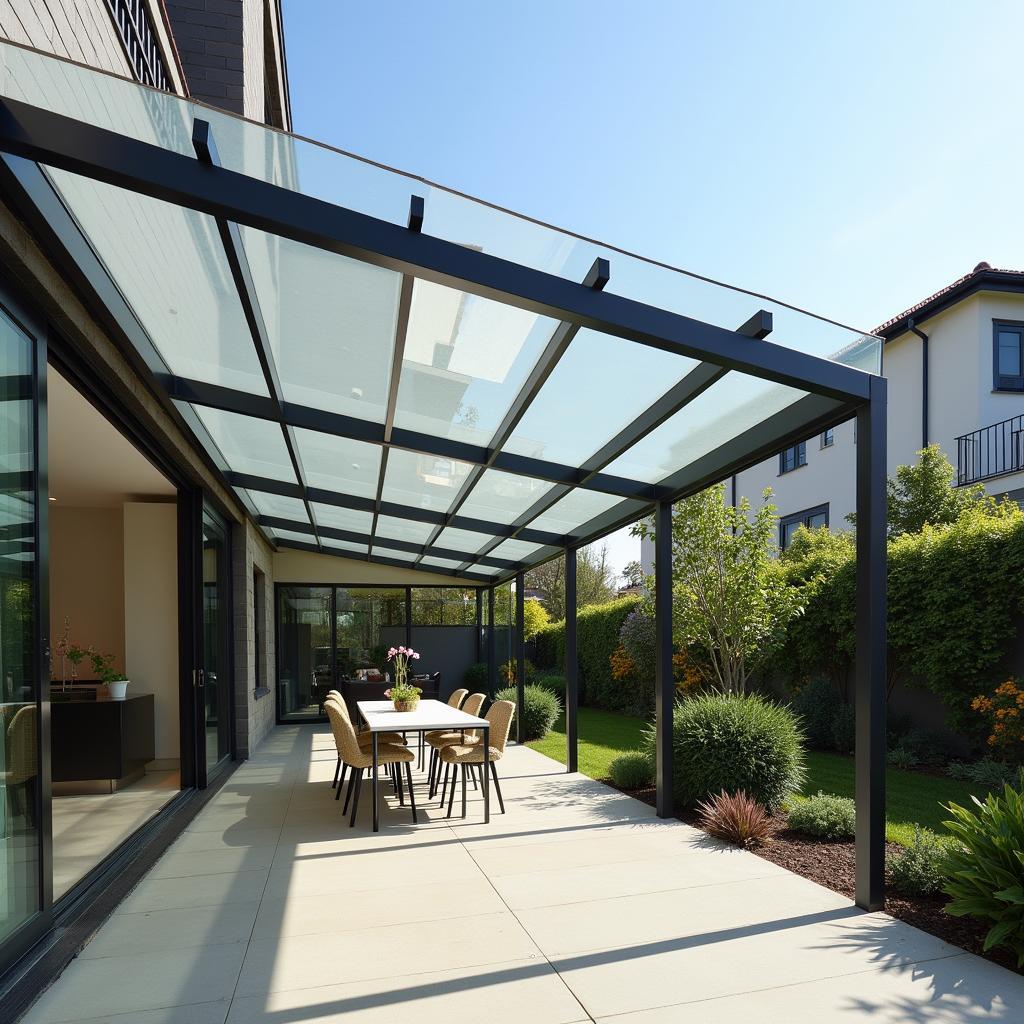 Mẫu mái che sân vườn đẹp bằng tấm nhựa polycarbonate hiện đại cho không gian nhà phố