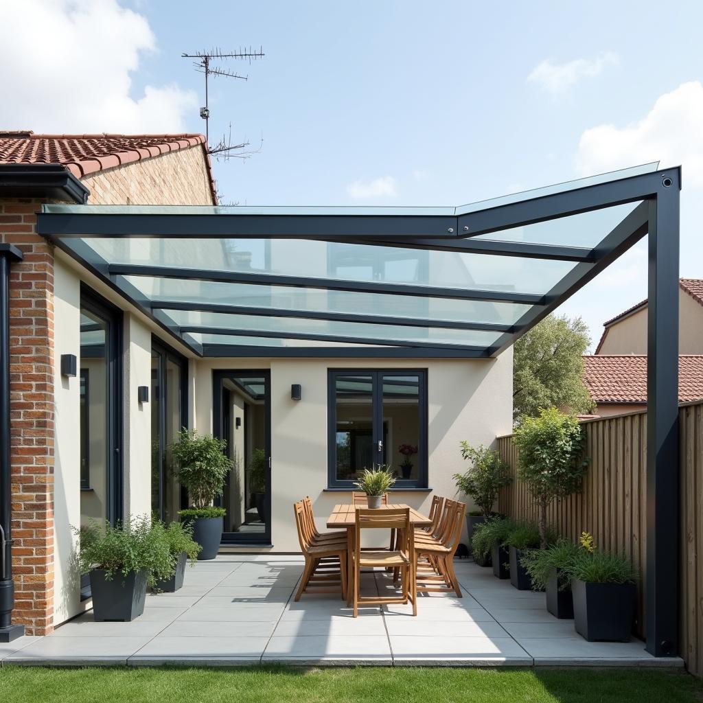 Mẫu mái che trong suốt bằng tấm polycarbonate đặc cho nhà phố hiện đại, đường nét tối giản, lấy sáng tốt