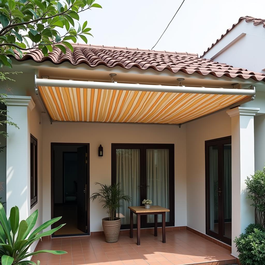 Mẫu mái hiên bạt kéo tiện lợi cho nhà cấp 4, có thể thu gọn, tạo không gian thoáng đãng và đa năng.