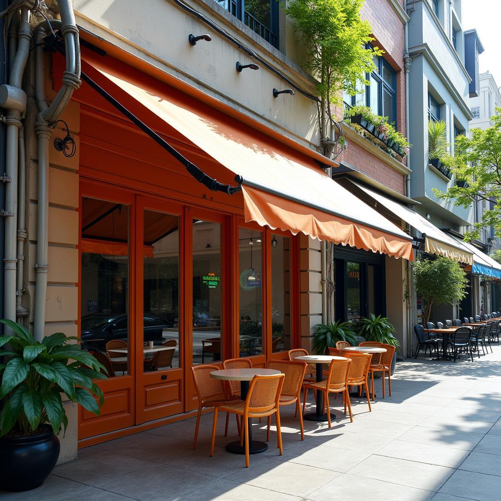 Mẫu mái hiên bạt kéo cho quán cafe, cửa hàng kinh doanh tại Quận 4, TPHCM.