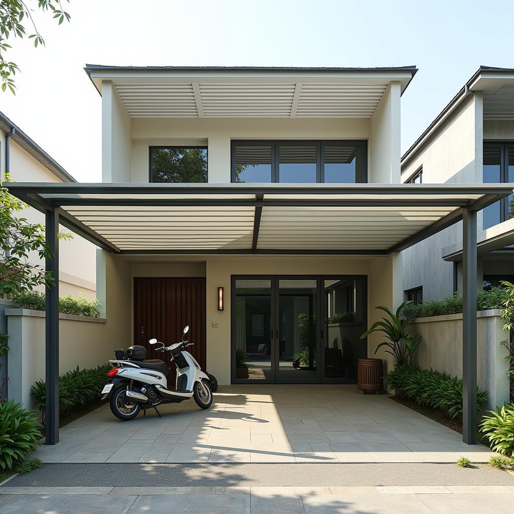 Mẫu mái hiên rộng che phủ toàn bộ sân trước nhà cấp 4, sử dụng vật liệu bền bỉ, tạo không gian sinh hoạt ngoài trời.