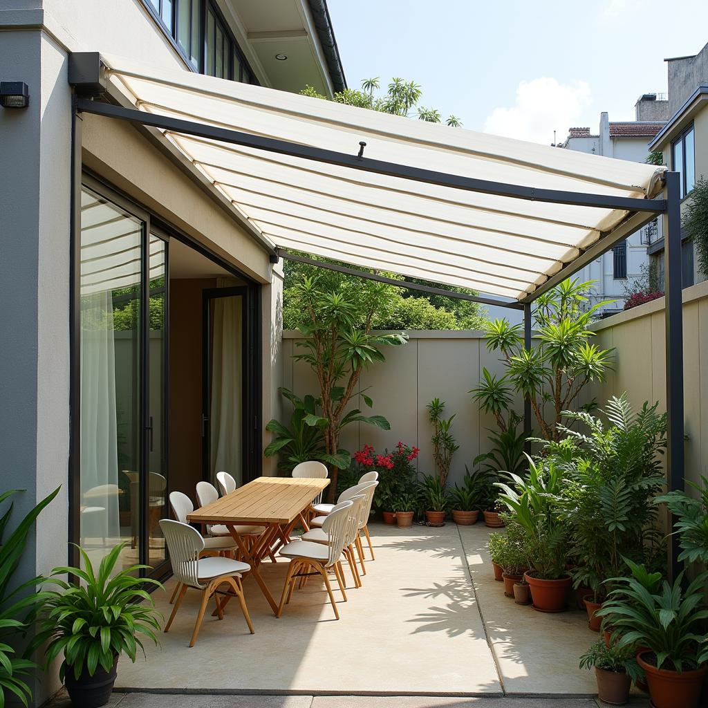 Giải pháp mái hiên lấy sáng bằng tấm poly che khu vực sân phơi hoặc tiểu cảnh ở Quận 4.