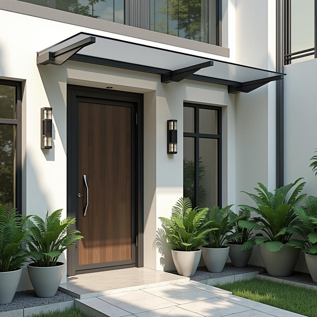 Mẫu mái hiên bằng tấm nhựa polycarbonate đẹp cho nhà cấp 4 hiện đại, thiết kế khung thép chắc chắn, màu sắc trang nhã.