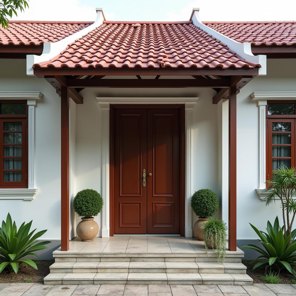 Mẫu mái hiên tôn giả ngói đẹp cho nhà cấp 4, thiết kế truyền thống, màu sắc hài hòa với mái chính, chắc chắn.