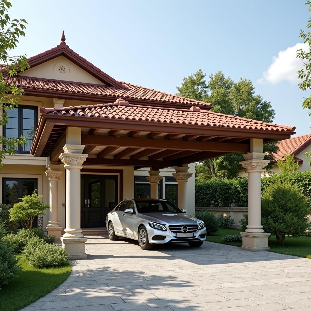 Mẫu mái tôn che nhà xe đẹp dạng giả ngói màu nâu đỏ, phù hợp kiến trúc biệt thự truyền thống