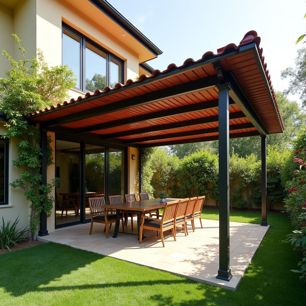 Mái tôn giả ngói che sân vườn biệt thự, màu đỏ gạch, khung thép sơn màu giả gỗ sang trọng