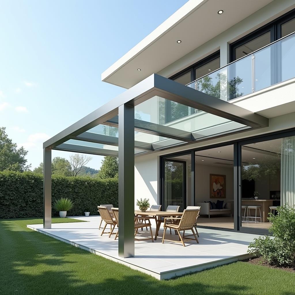 Mau mai che ban cong kinh cuong luc khung inox cho biet thu cao cap