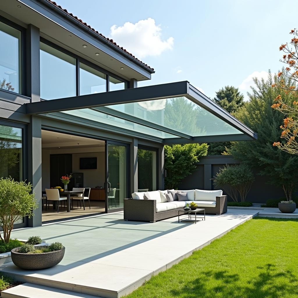 Mẫu mái che trong suốt bằng kính cường lực cho sân vườn biệt thự sang trọng, tạo không gian mở liên kết