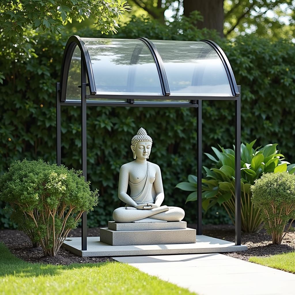Mẫu mái che tượng phật ngoài trời bằng tấm nhựa polycarbonate cong, bảo vệ tượng nhỏ trong vườn.