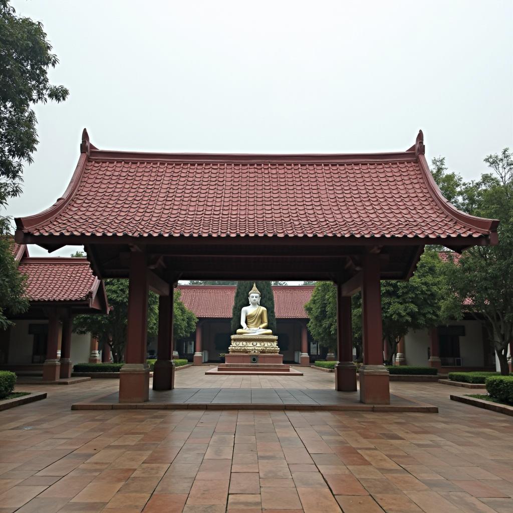 Mẫu mái che tượng phật ngoài trời lớn bằng tôn giả ngói màu đỏ, phù hợp cho không gian chùa, miếu.