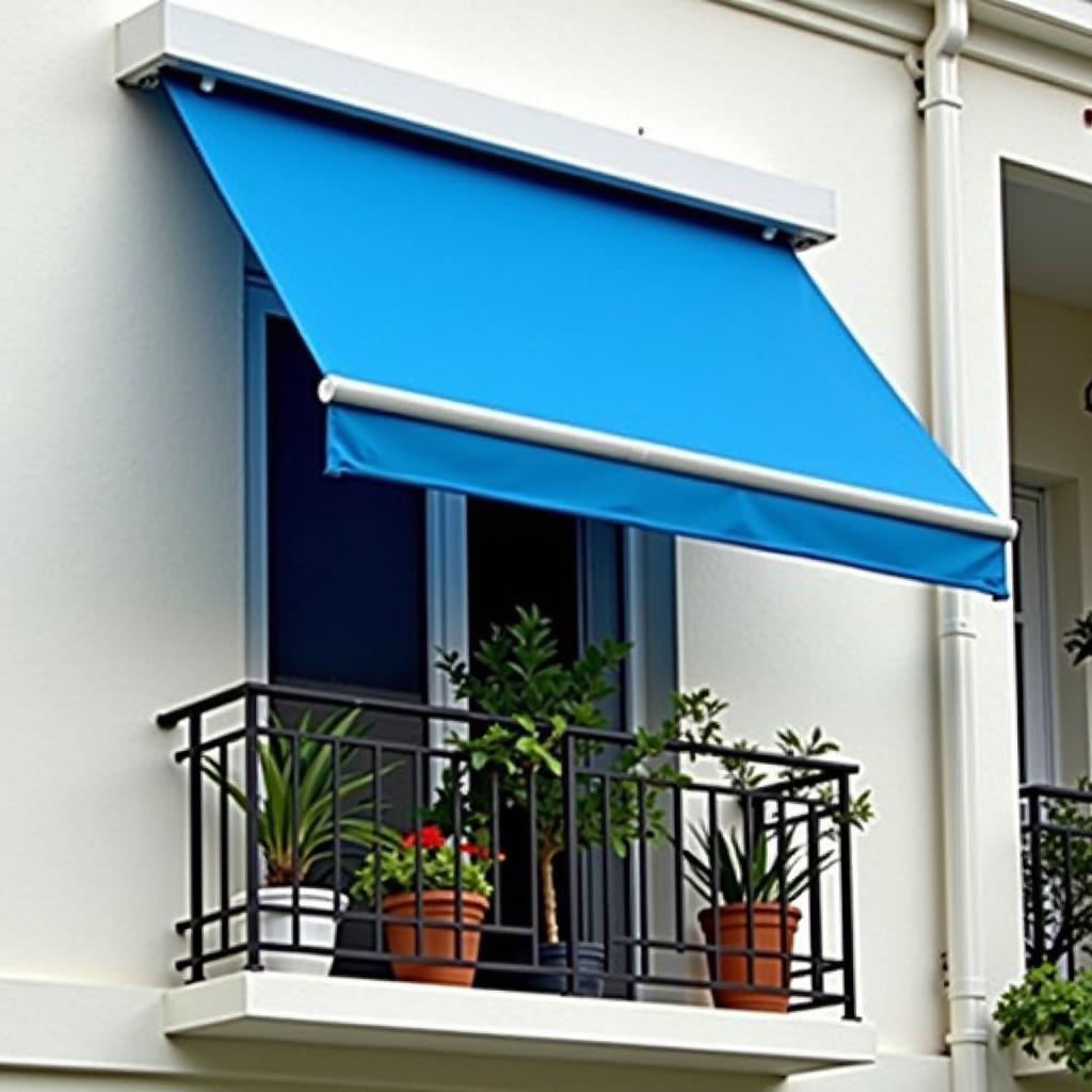 Bạt che nắng ban công loại quay tay với màu sắc nổi bật, mang lại sự tiện lợi và thẩm mỹ cho căn hộ.