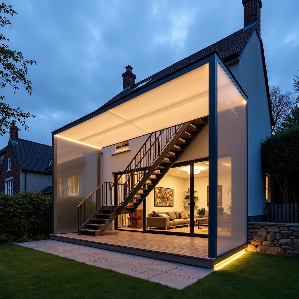 Mẫu mái che cầu thang ngoài trời bằng tấm nhựa polycarbonate dạng hiên lớn, tích hợp đèn LED cho nhà vườn