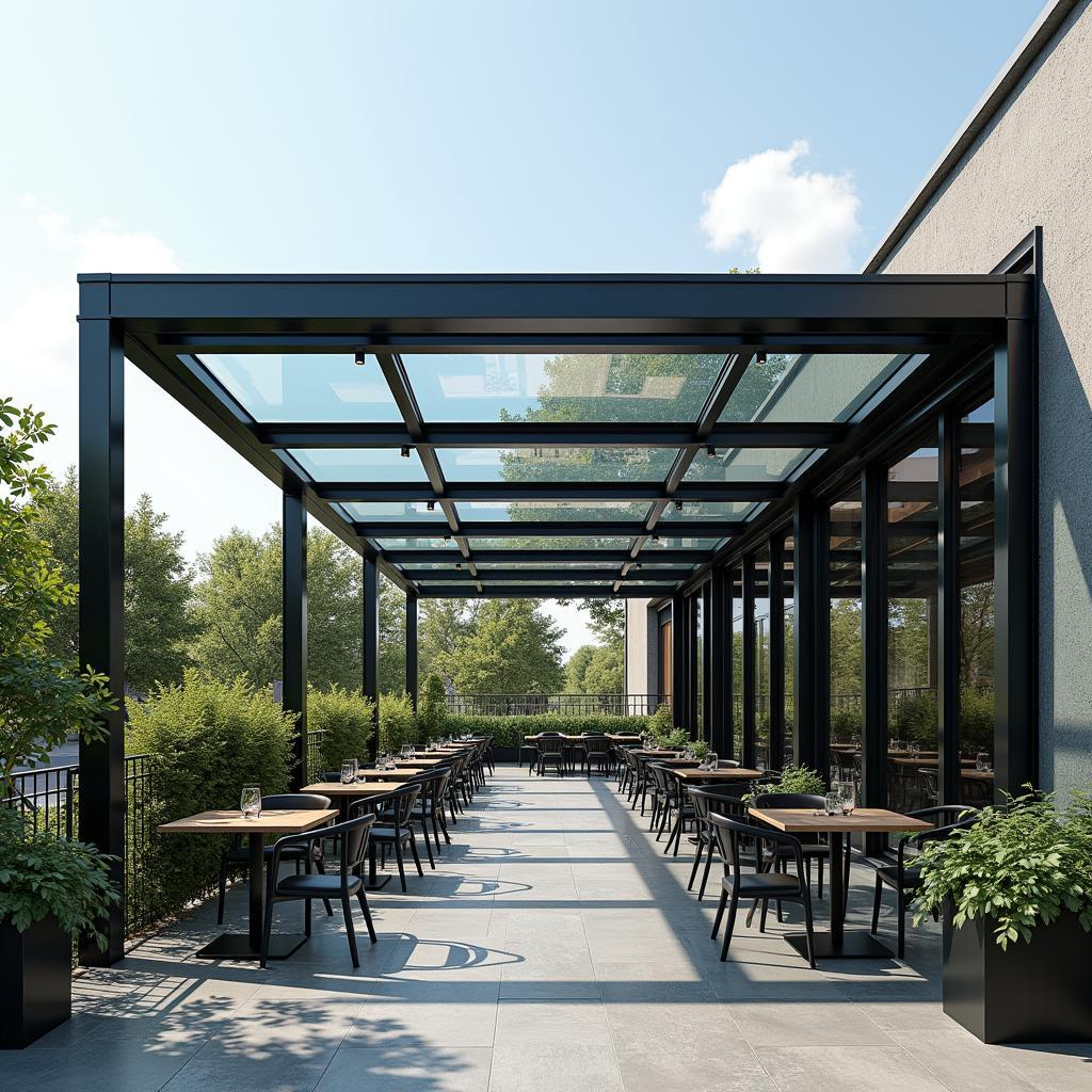 Mẫu mái che quán cafe đẹp bằng kính cường lực với khung thép sơn tĩnh điện đen, thiết kế hiện đại và sang trọng, tạo không gian mở đón ánh sáng tự nhiên.