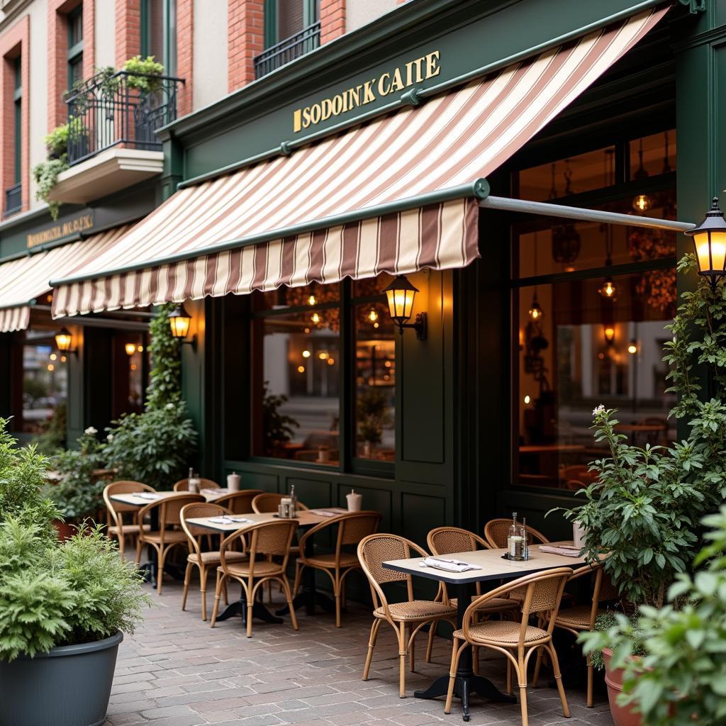 Mẫu mái che quán cafe đẹp phong cách vintage với mái bạt kéo sọc caro màu nâu be, kết hợp với đèn lồng và cây xanh, tạo không gian ấm cúng, hoài cổ.