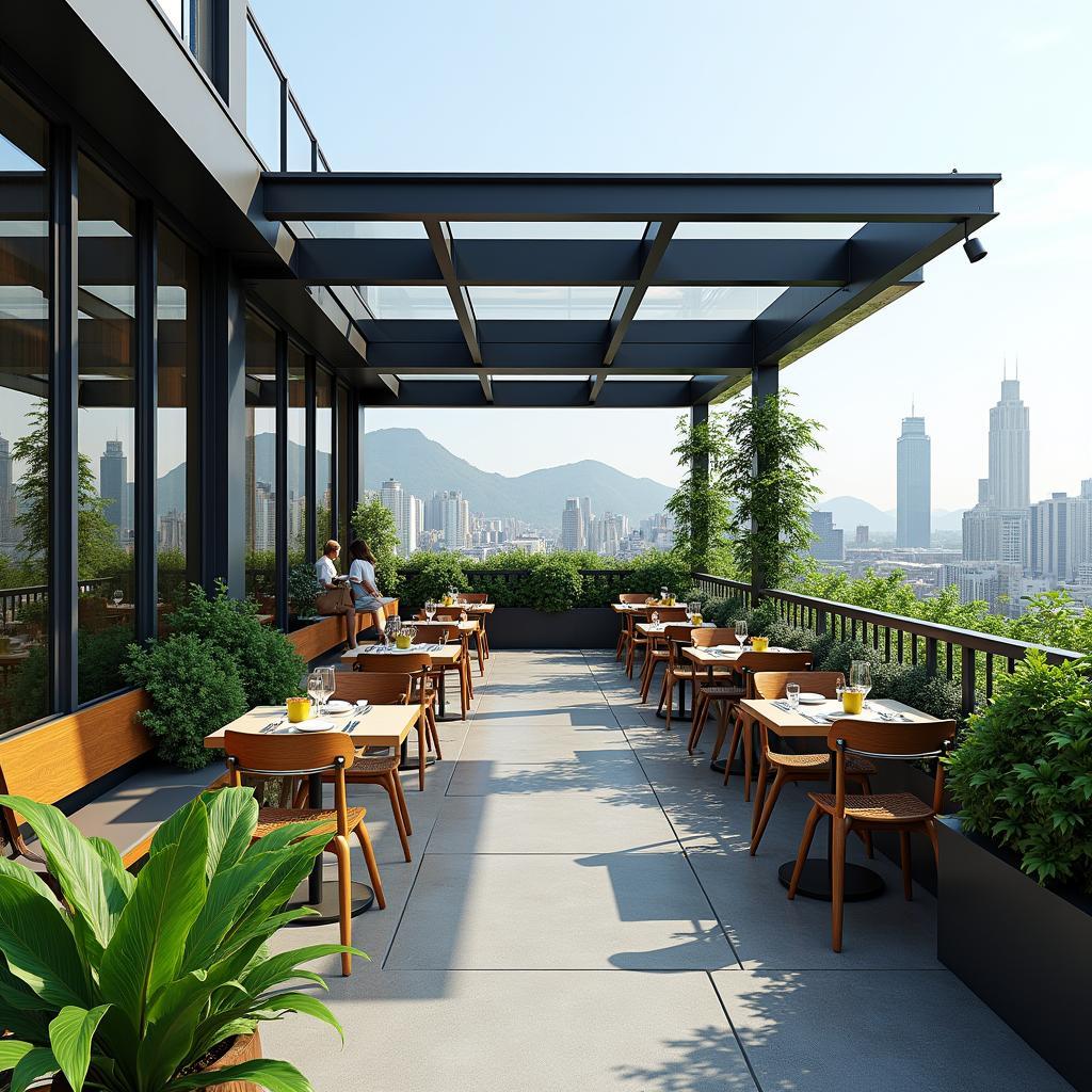 Mẫu mái che quán cafe đẹp trên sân thượng với hệ thống kính cường lực trong suốt, khung thép đen, kết hợp với cây xanh trang trí, tạo không gian mở và tầm nhìn đẹp.