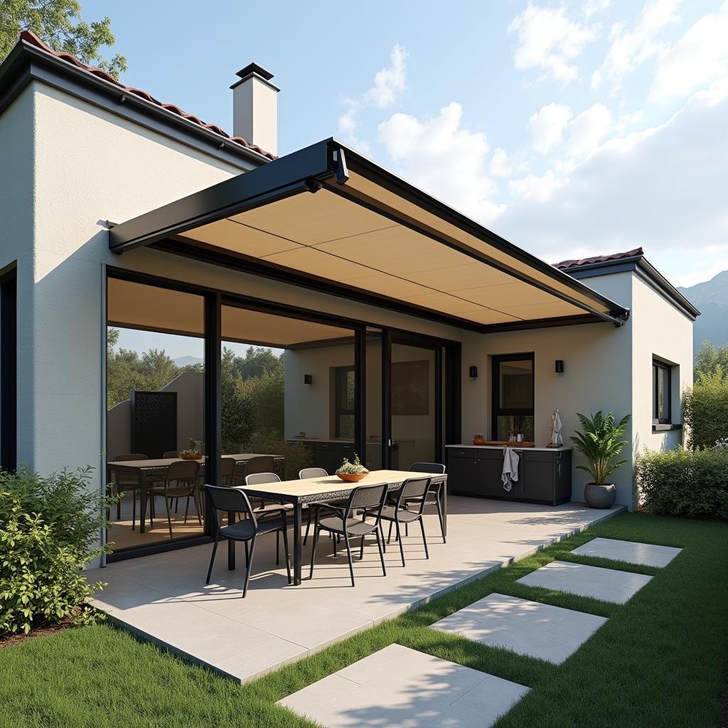 Mẫu mái hiên mái xếp đẹp nhà phố hiện đại với thiết kế tối giản, che chắn hiệu quả