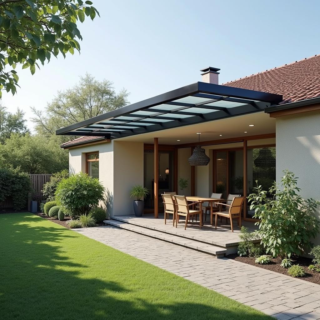 Mẫu mái hiên polycarbonate đẹp cho sân trước nhà, lấy sáng tự nhiên và chống tia UV hiệu quả