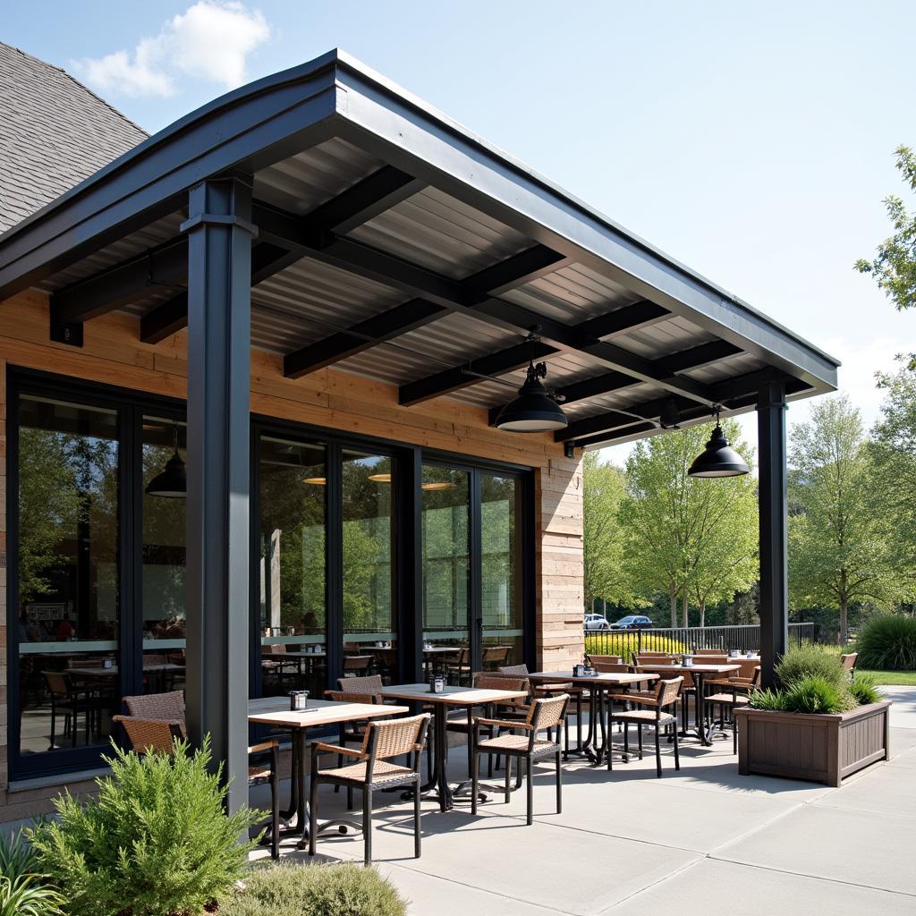 Mẫu mái hiên bằng tôn rộng rãi cho quán cafe sân thượng, tạo không gian thoáng đãng và mát mẻ