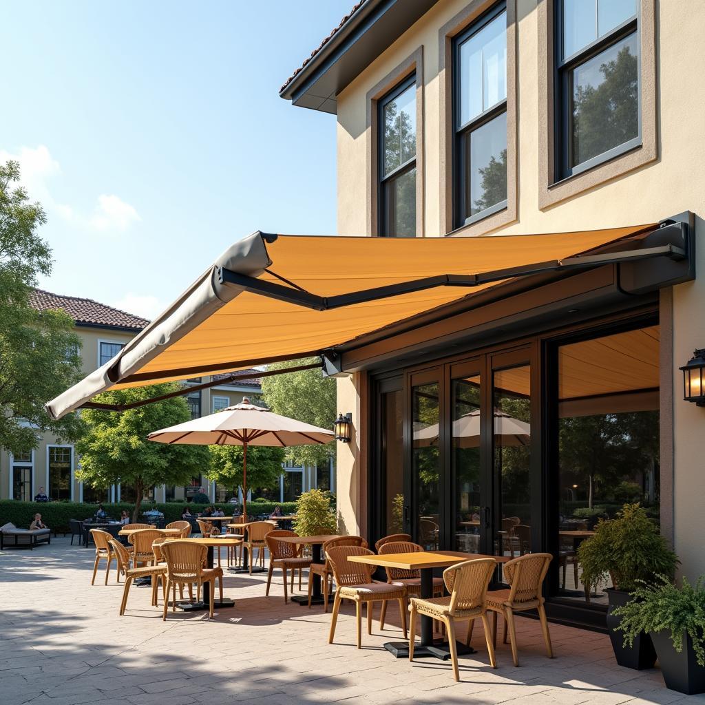 Mẫu mái xếp bạt kéo đẹp cho quán cafe ngoài trời với gam màu trung tính, tạo không gian thoáng đãng