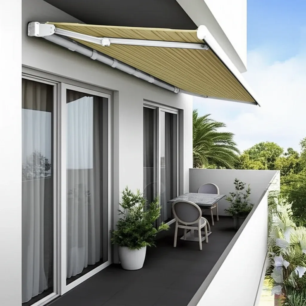 Mẫu mái che ngoài trời đẹp bằng bạt cuốn tự động cho ban công chung cư, thiết kế gọn gàng, tiết kiệm không gian.