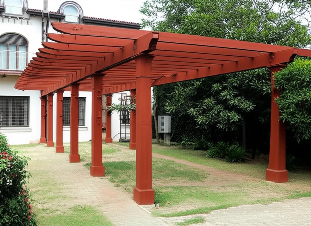 Mẫu mái che ngoài trời đẹp dạng pergola bằng gỗ cho sân vườn biệt thự, thiết kế sang trọng, hòa mình vào thiên nhiên.