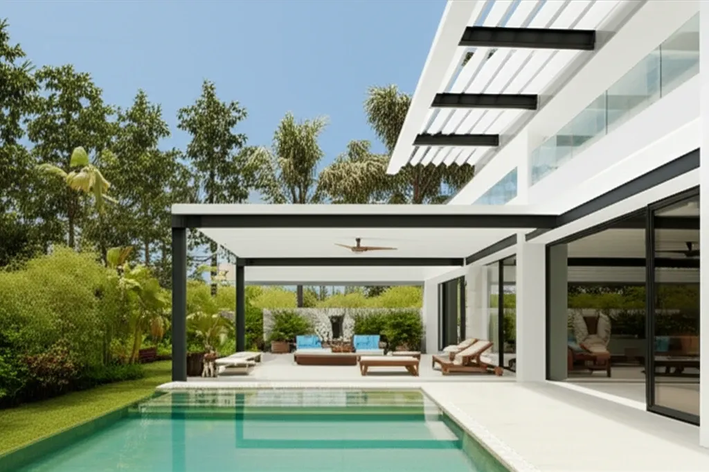 Mẫu mái che ngoài trời đẹp hiện đại cho sân vườn biệt thự, thiết kế tối giản, sang trọng.