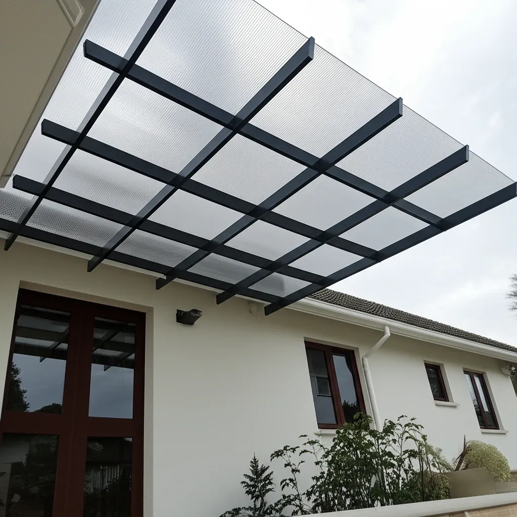Mẫu mái che ngoài trời đẹp bằng tấm polycarbonate hiện đại cho ban công nhà phố, thiết kế tối giản, tăng cường ánh sáng tự nhiên.