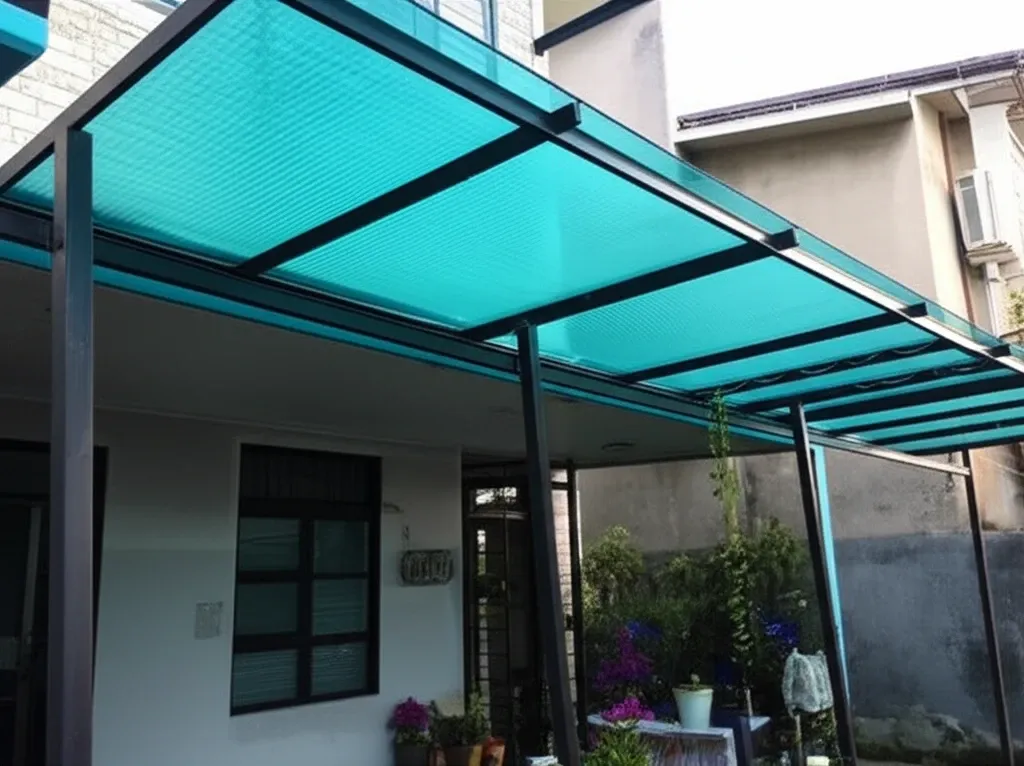 Mái che sân trước nhà ống sử dụng tấm polycarbonate màu xanh ngọc, bền bỉ và hiện đại.
