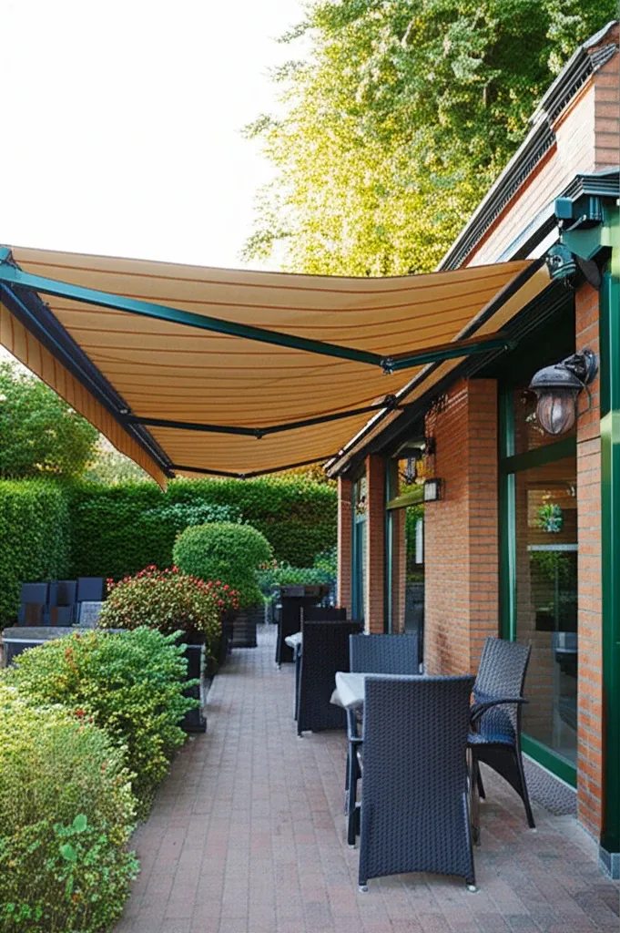 Mẫu mái che ngoài trời đẹp bằng bạt kéo cho quán cafe sân vườn, màu sắc hiện đại, tạo không gian mở linh hoạt.