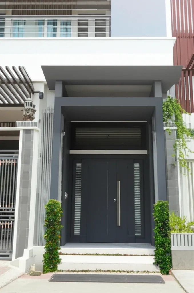 Mẫu mái che sân trước nhà ống hiện đại với thiết kế tinh tế, tông màu ghi trang nhã.