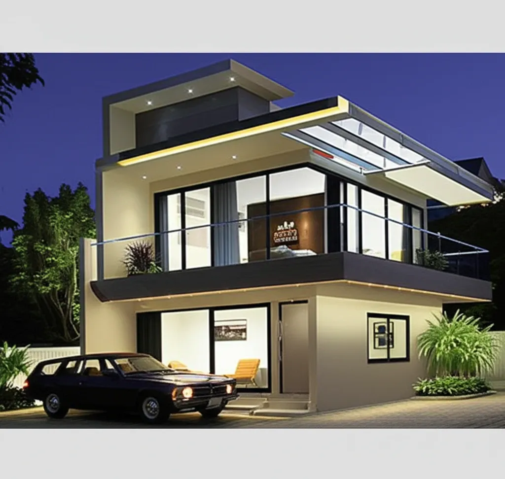 Mẫu mái che sân trước nhà ống bằng kính kết hợp đèn LED chiếu sáng, tăng vẻ đẹp về đêm.