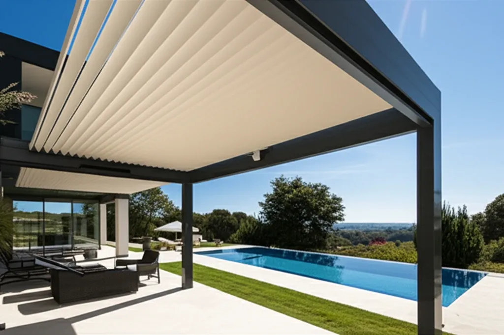 Mẫu mái che thông minh hiện đại cho biệt thự sân vườn, tích hợp công nghệ điều khiển từ xa, sang trọng