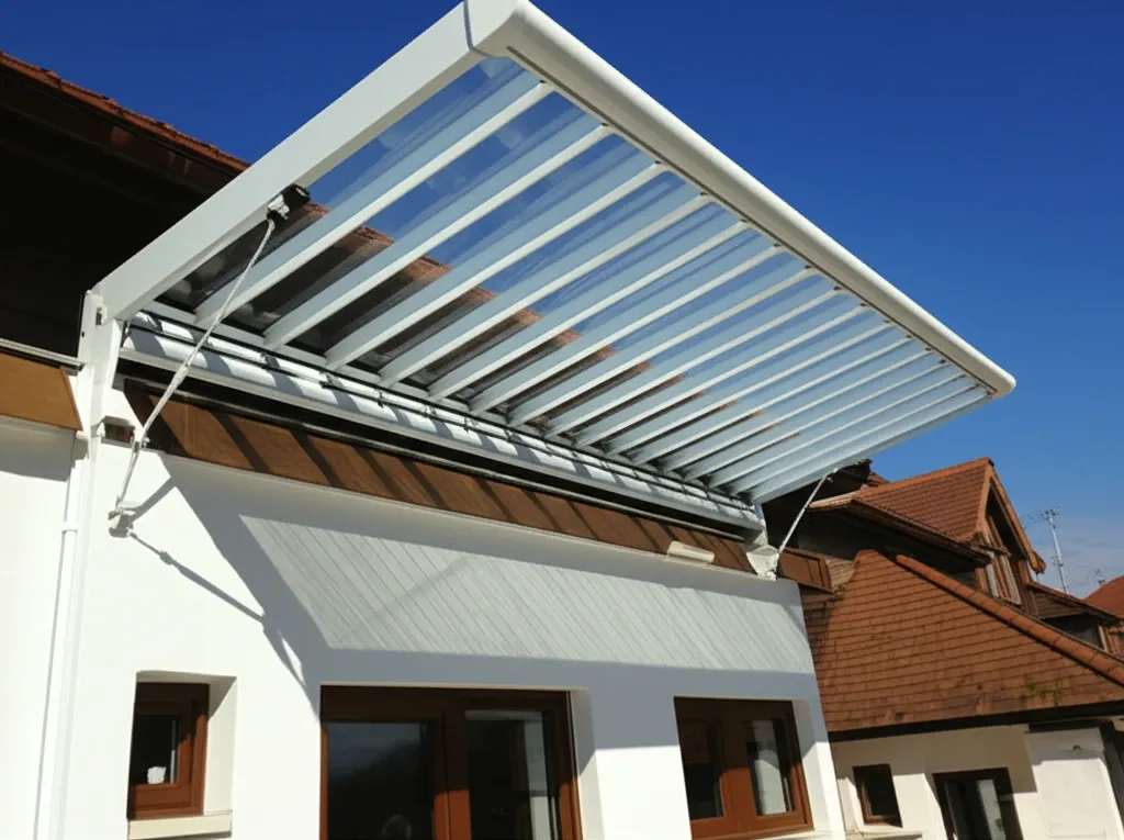 Mẫu mái che thông minh trượt bằng tấm polycarbonate cho sân thượng nhà phố, khung nhôm trắng, hiện đại và tiện lợi
