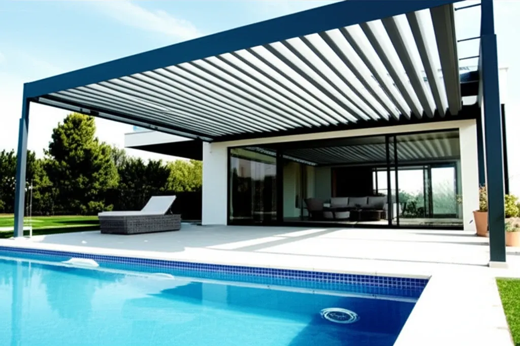 Mái che pergola thông minh cho biệt thự, hệ thống lam nhôm xoay lật tự động, thiết kế hiện đại, sang trọng bên hồ bơi.