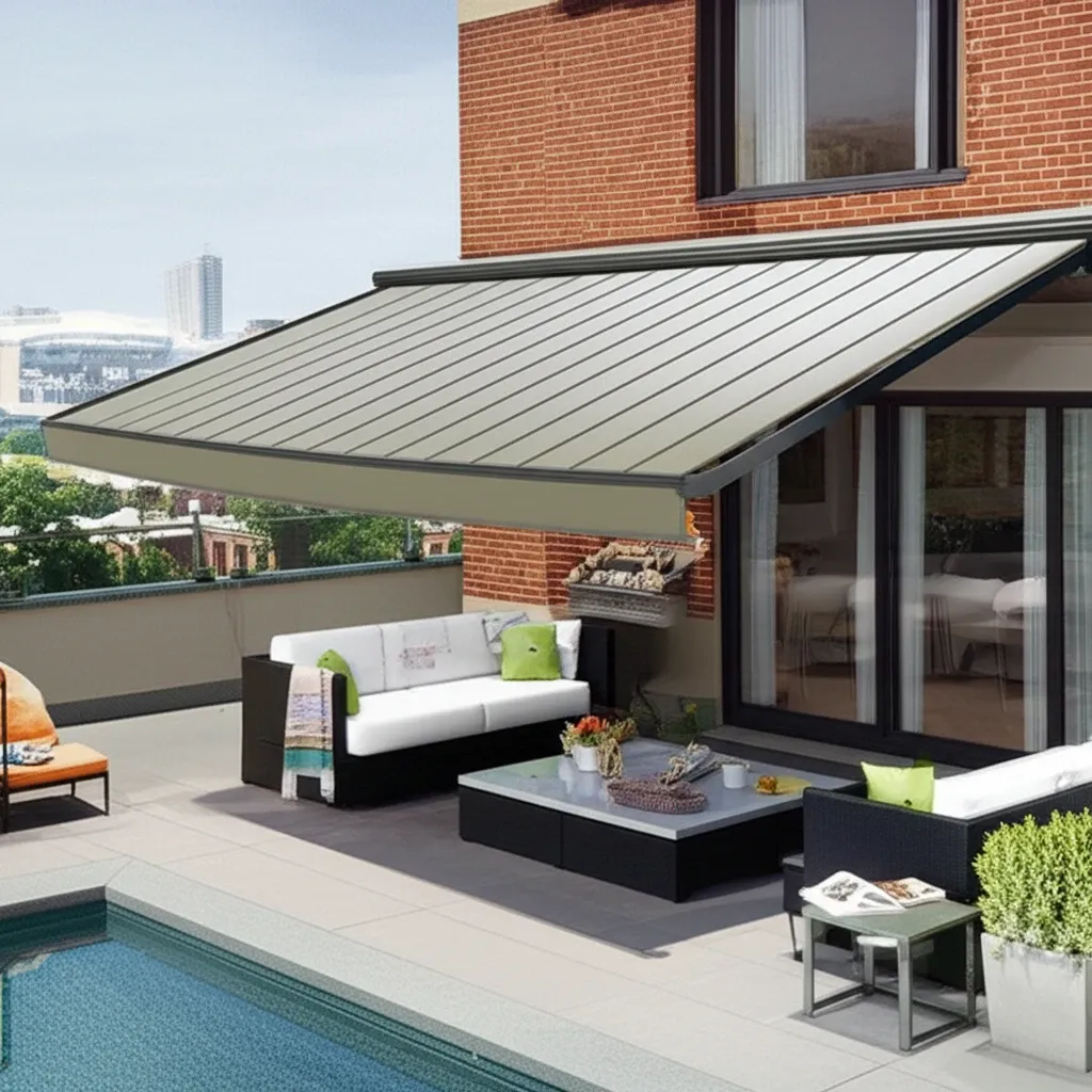 Mái che thông minh dạng bạt xếp cho sân thượng nhà phố, màu sắc trang nhã, tạo không gian mở linh hoạt.