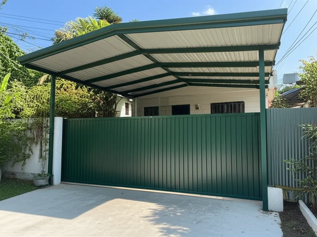 Mẫu mái che tôn lạnh màu xanh rêu cho sân trước nhà ống, thiết kế đơn giản.