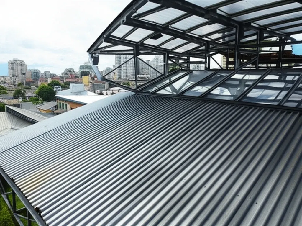 Mẫu mái tôn che sân đẹp cho quán cafe sân thượng với thiết kế độc đáo, khung sắt và tấm lợp trong suốt