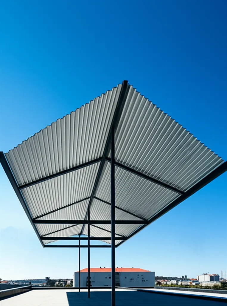 Mẫu mái tôn che sân thượng đẹp hiện đại với thiết kế tối giản, kết hợp khung thép 