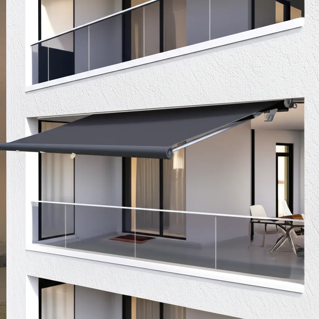 Mẫu bạt mái che cho nhà phố hiện đại, màu xám thanh lịch, tối ưu không gian ban công.