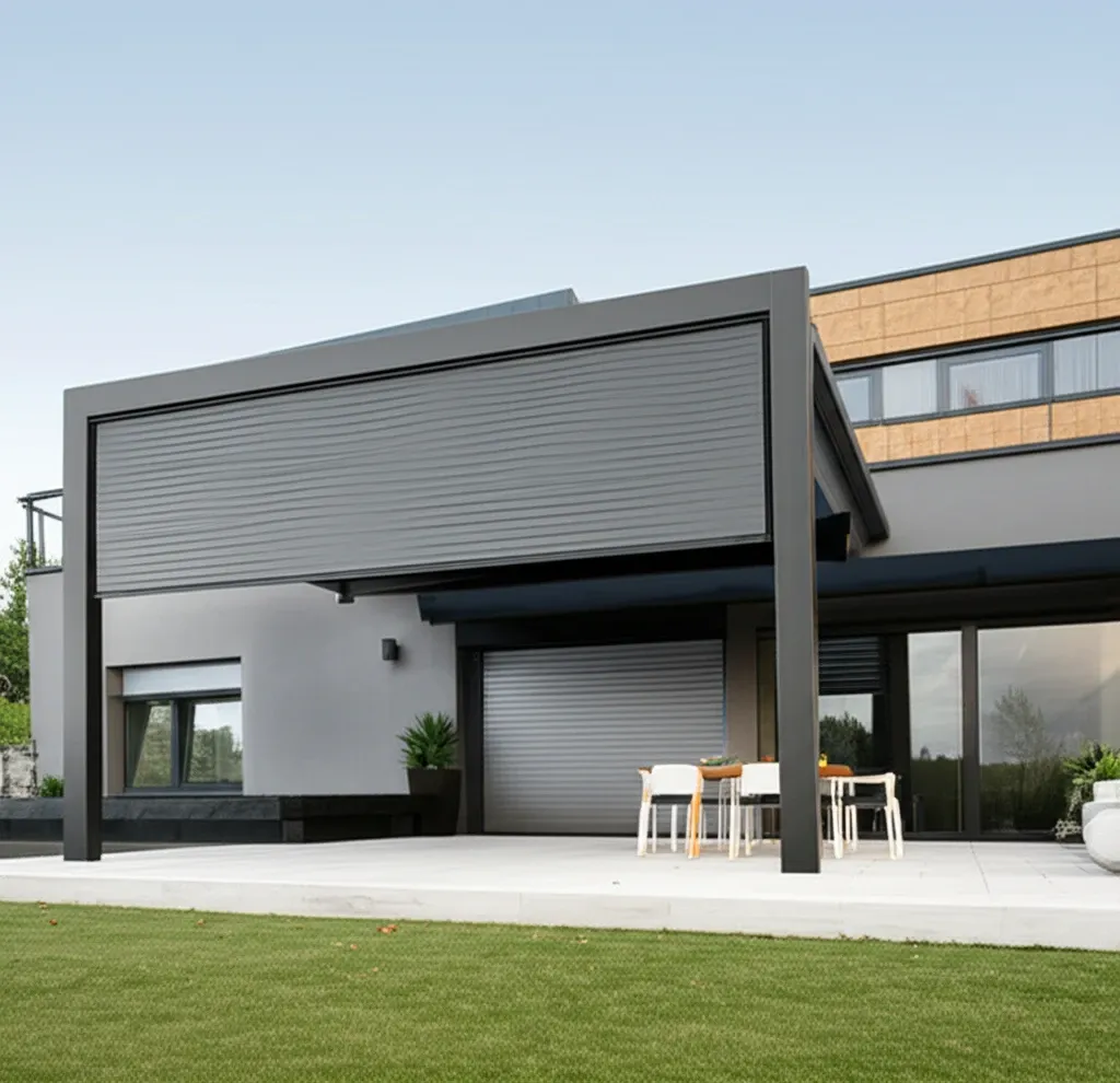 Mẫu bạt mái che sân thượng hiện đại, màu ghi xám, thiết kế xếp gọn gàng.